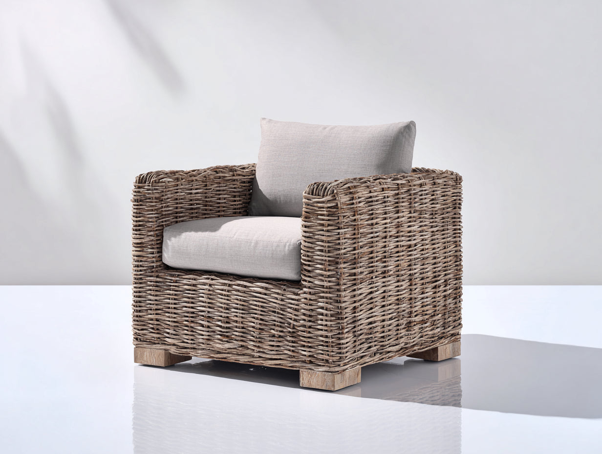 Poltrona da giardino - Rattan-Legno-Tessuto - 89 x 85 x 79 cm - Grigio tortora-Grigio chiaro - Stile costiero