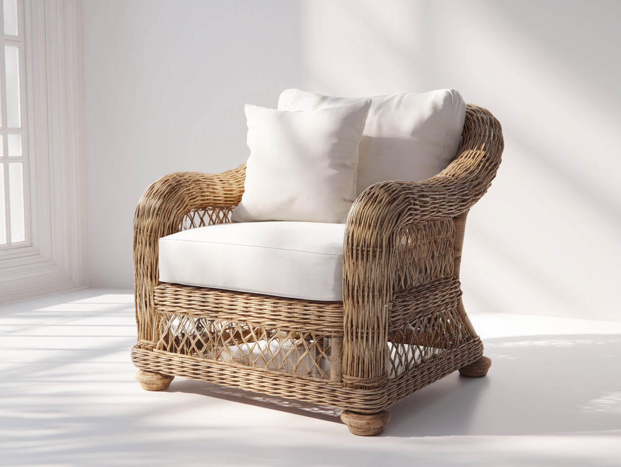 Poltrona da giardino - Rattan-Legno-Tessuto - 88 x 84 x 88 cm - Naturale-Bianco crema - Stile classico