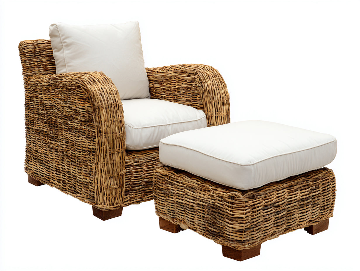 Poltrona da giardino - Rattan-Legno-Tessuto - 96 x 91 x 88 cm - Marrone naturale-Avorio - Stile rustico