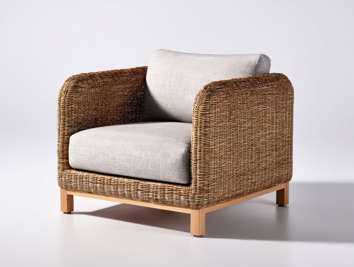 Poltrona da giardino - Vimini-Legno-Tessuto - 92 x 87 x 81 cm - Marrone chiaro-Beige - Stile contemporaneo