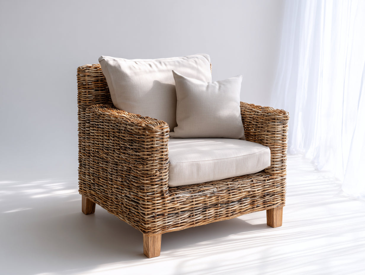 Poltrona da giardino - Rattan naturale-Legno-Tessuto - 94 x 89 x 85 cm - Marrone naturale-Crema - Stile rustico