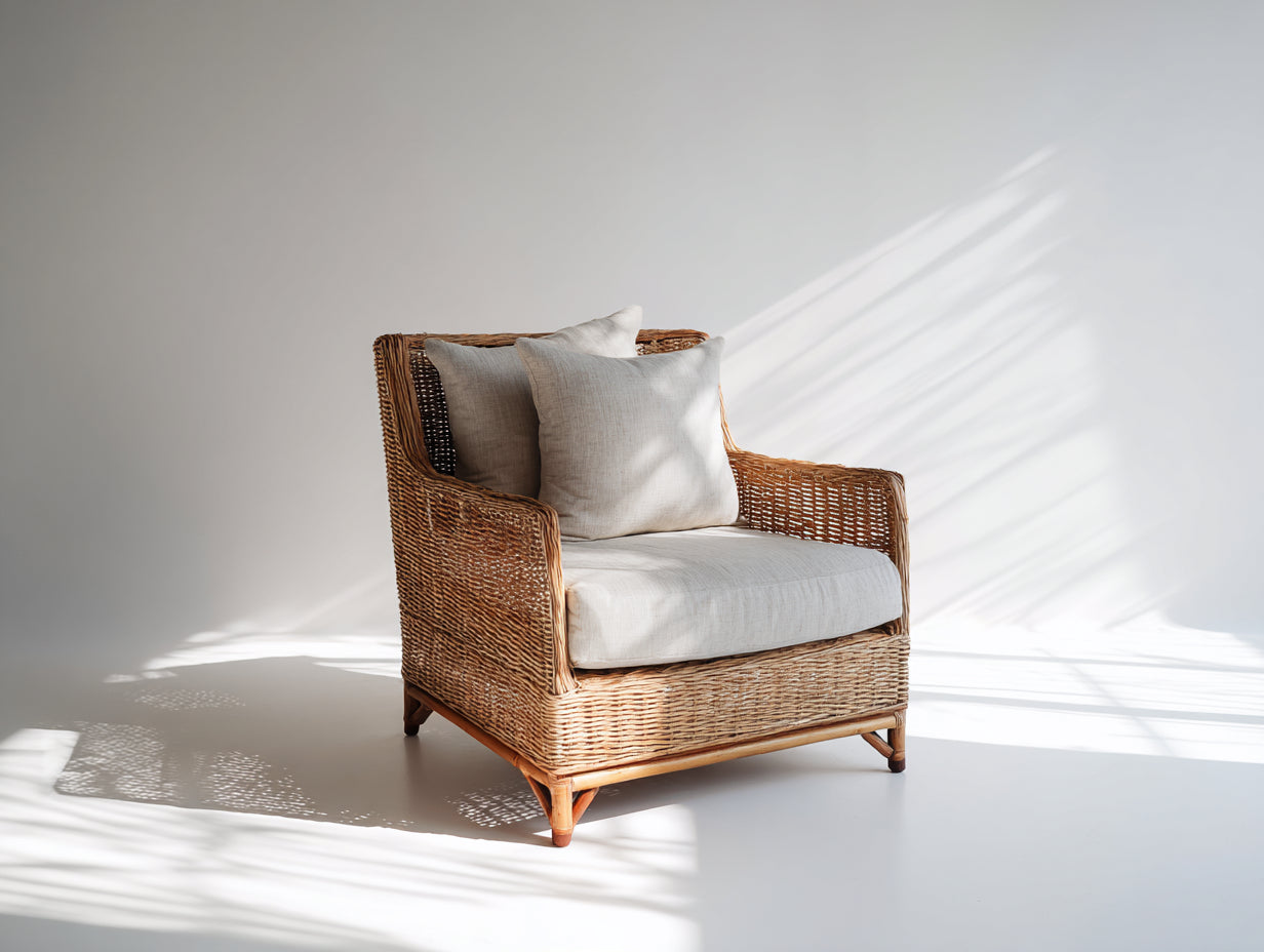 Poltrona da giardino - Rattan naturale-Legno-Tessuto - 87 x 82 x 83 cm - Miele-Beige chiaro - Stile mediterraneo