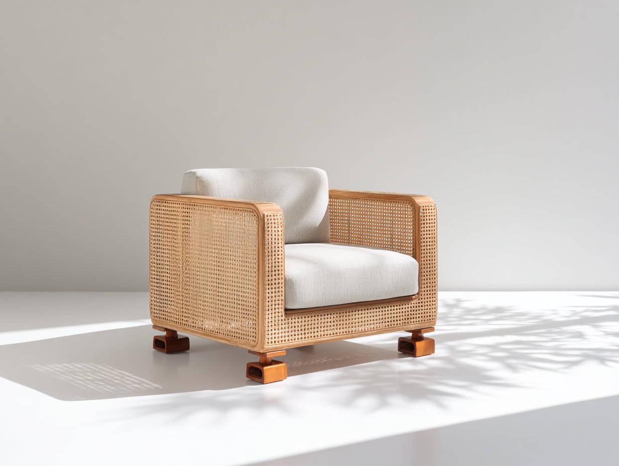 Poltrona da giardino - Rattan naturale-Legno-Tessuto - 84 x 79 x 76 cm - Naturale-Avorio - Stile contemporaneo
