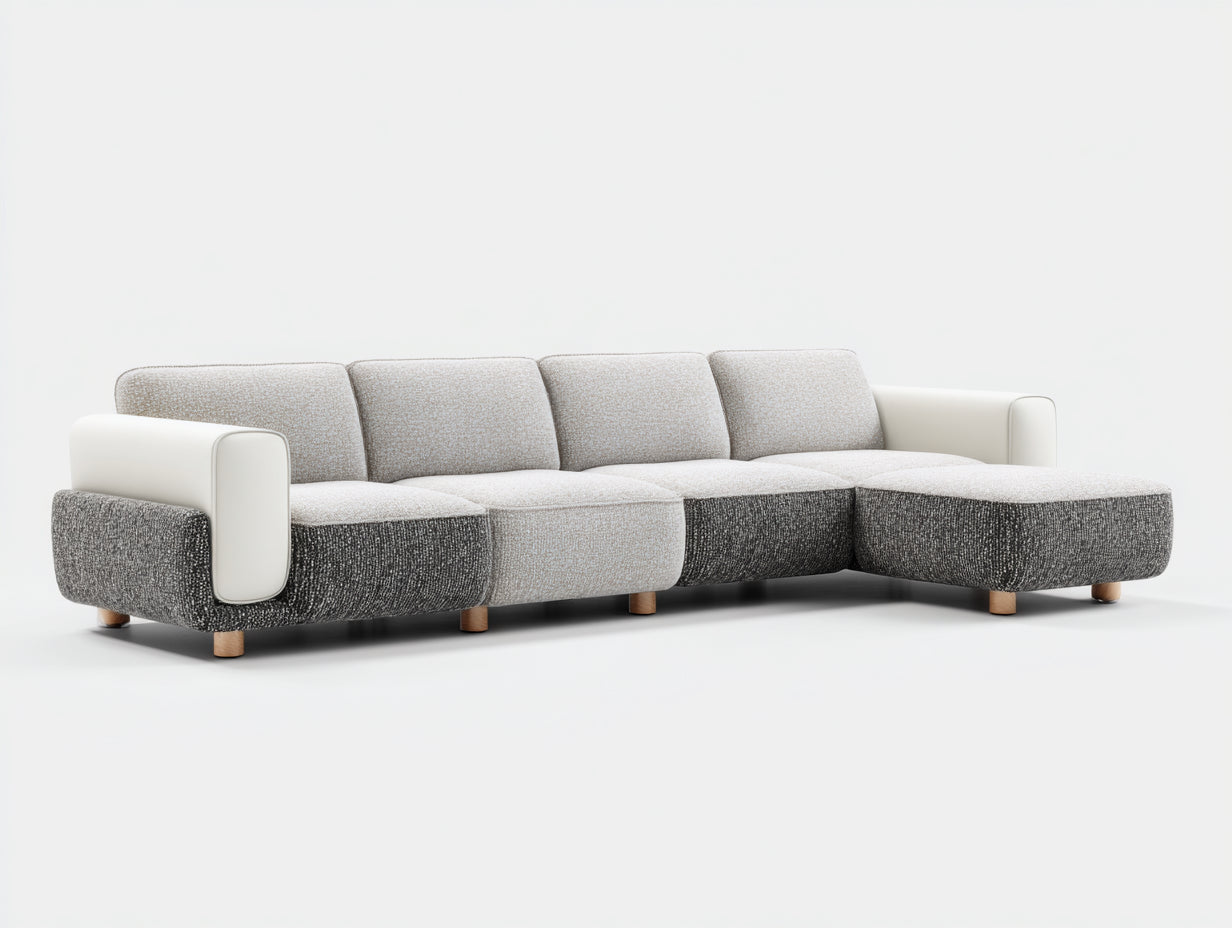 Divano angolare - Tessuto-legno - 315 x 170 x 82 cm - Beige-Grigio scuro-Bianco panna - Stile moderno