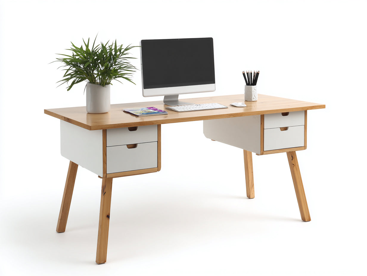 Scrivania - Legno - Metallo - 160 x 70 x 75 cm - Rovere chiaro-Bianco - Stile scandinavo