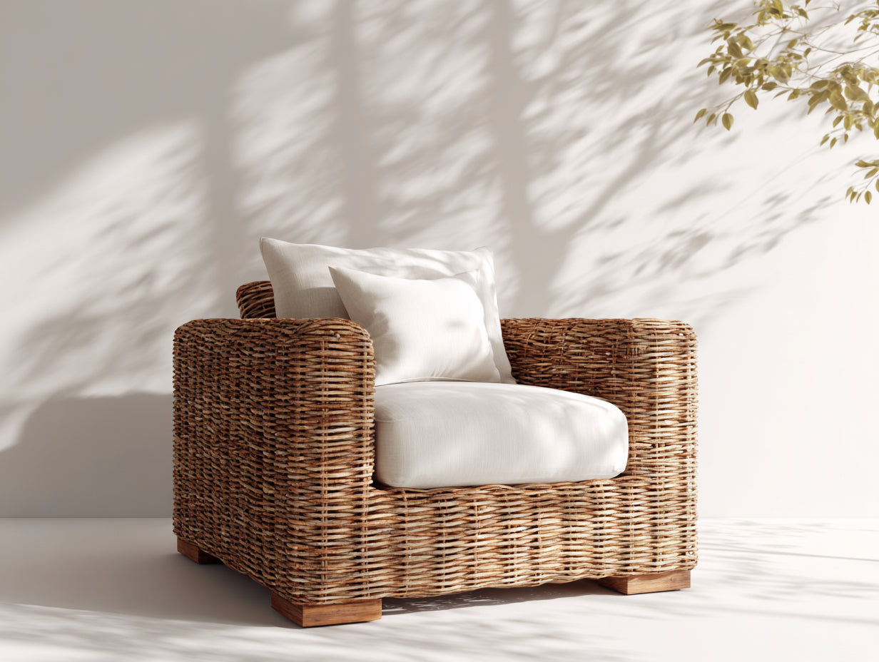 Poltrona da giardino - Rattan-Legno-Tessuto - 96 x 91 x 82 cm - Marrone-Avorio - Stile rustico
