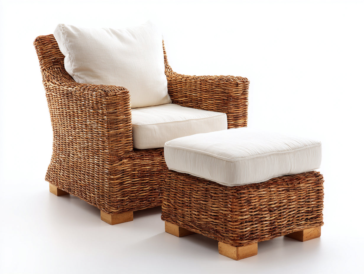 Poltrona da giardino - Rattan-Legno-Tessuto - 90 x 85 x 84 cm - Marrone caldo-Bianco crema - Stile naturale contemporaneo