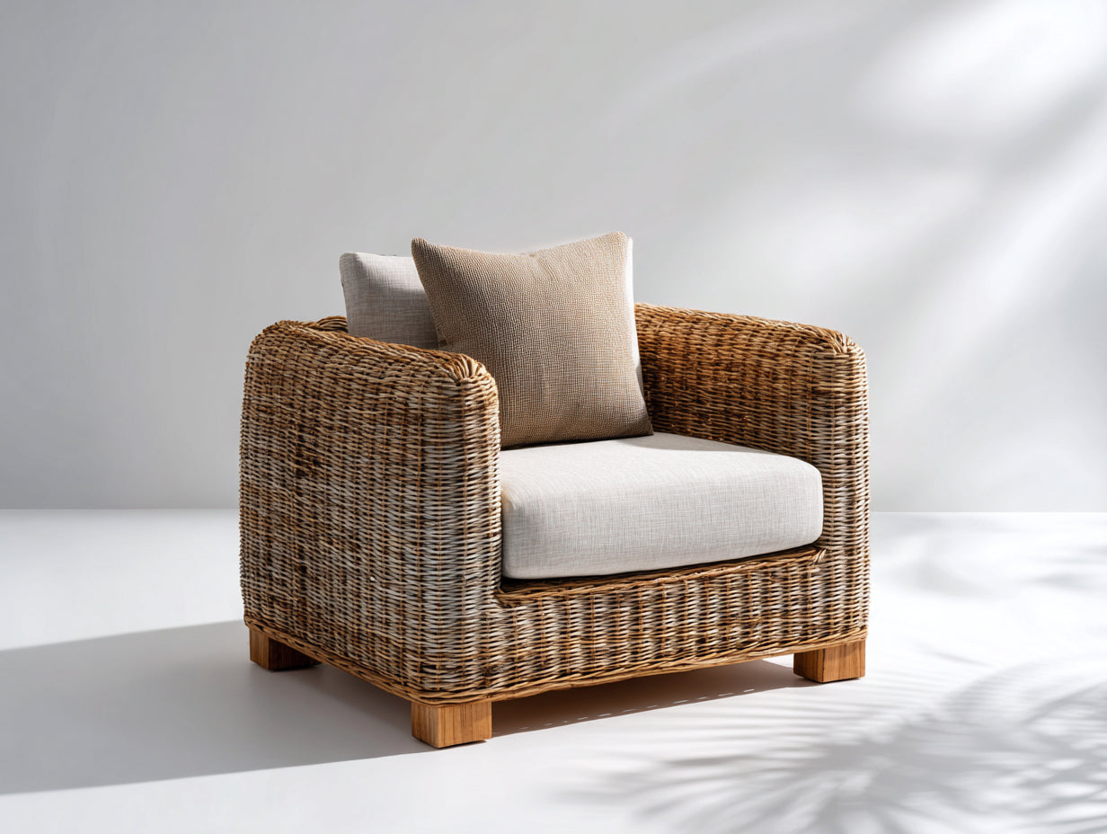Poltrona da giardino - Rattan-Legno-Tessuto - 93 x 88 x 80 cm - Marrone dorato-Beige chiaro - Stile naturale moderno