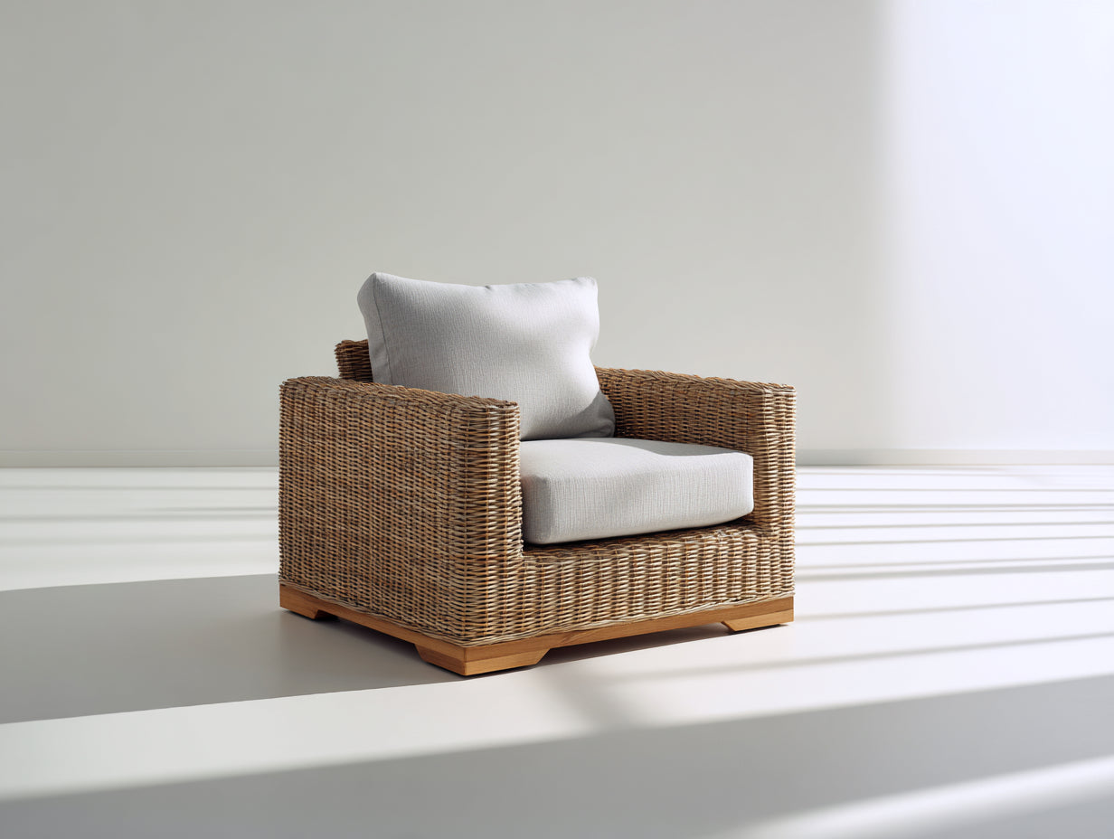 Poltrona da giardino - Rattan sintetico-Legno-Tessuto - 91 x 86 x 80 cm - Marrone-Grigio chiaro - Stile naturale moderno