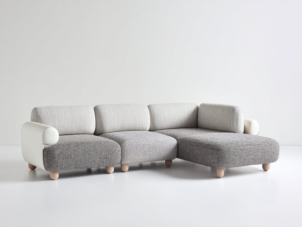 Divano angolare - Tessuto-legno - 292 x 168 x 81 cm - Grigio chiaro-Grigio tortora-Bianco crema - Stile moderno