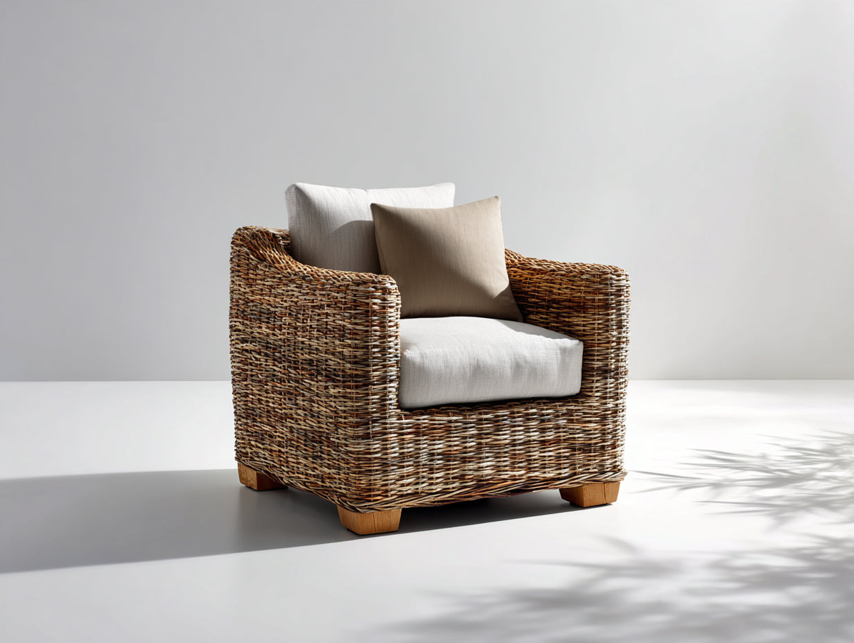Poltrona da giardino - Rattan-Legno-Tessuto - 86 x 82 x 78 cm - Marrone variegato-Crema - Stile artigianale